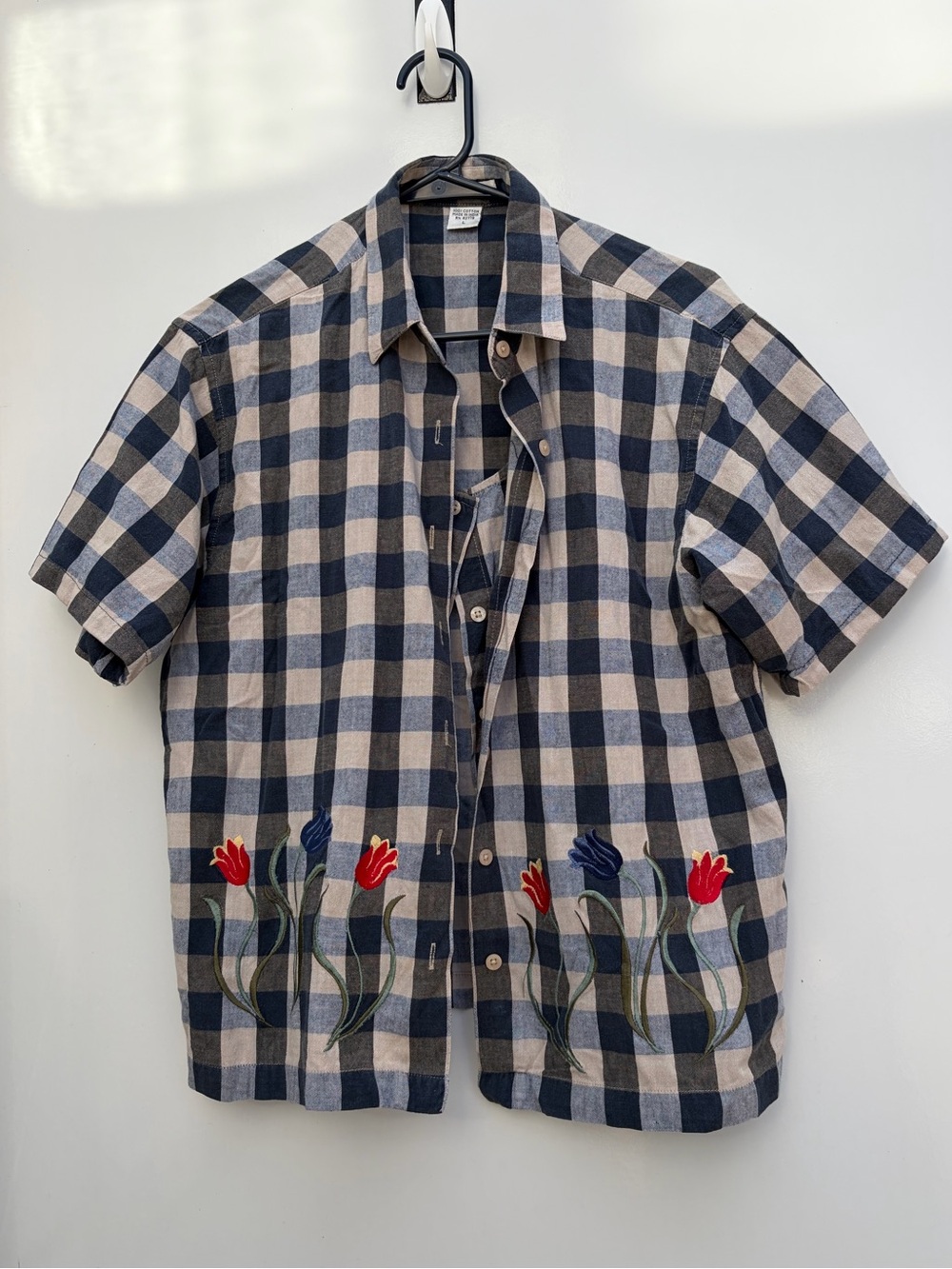 Vintage Plaid Cottagecore Folksy Grannycore Embroidered Tulip Floral Novelty Top